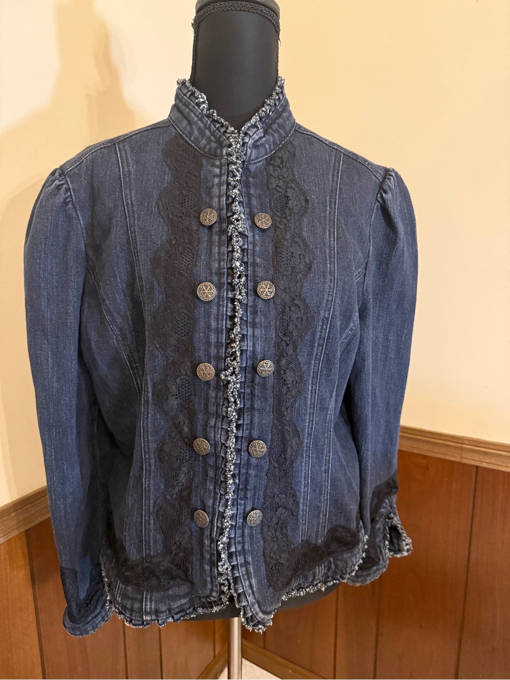 Dressbarn Women’s Large Dark Wash Denim Military Jacket Lace Trim Ruffle Victori